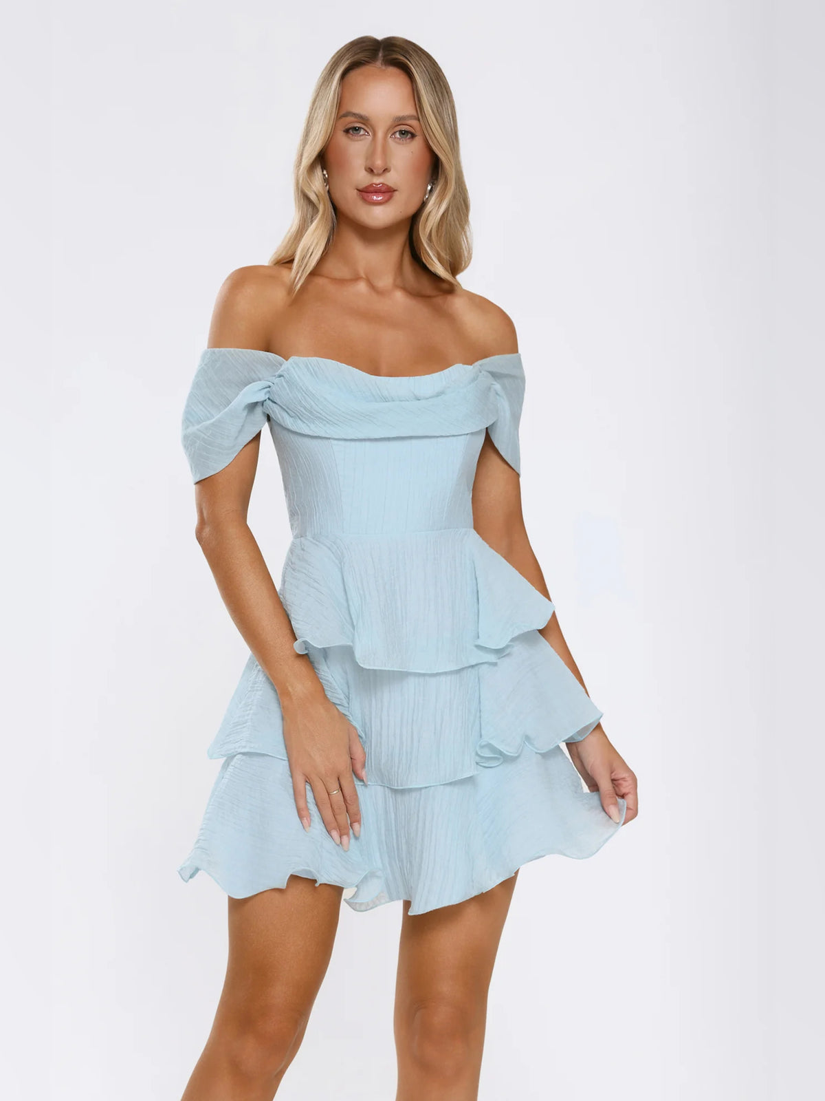 Blue mini homecoming dress, alternate view showing the dress shape and hem