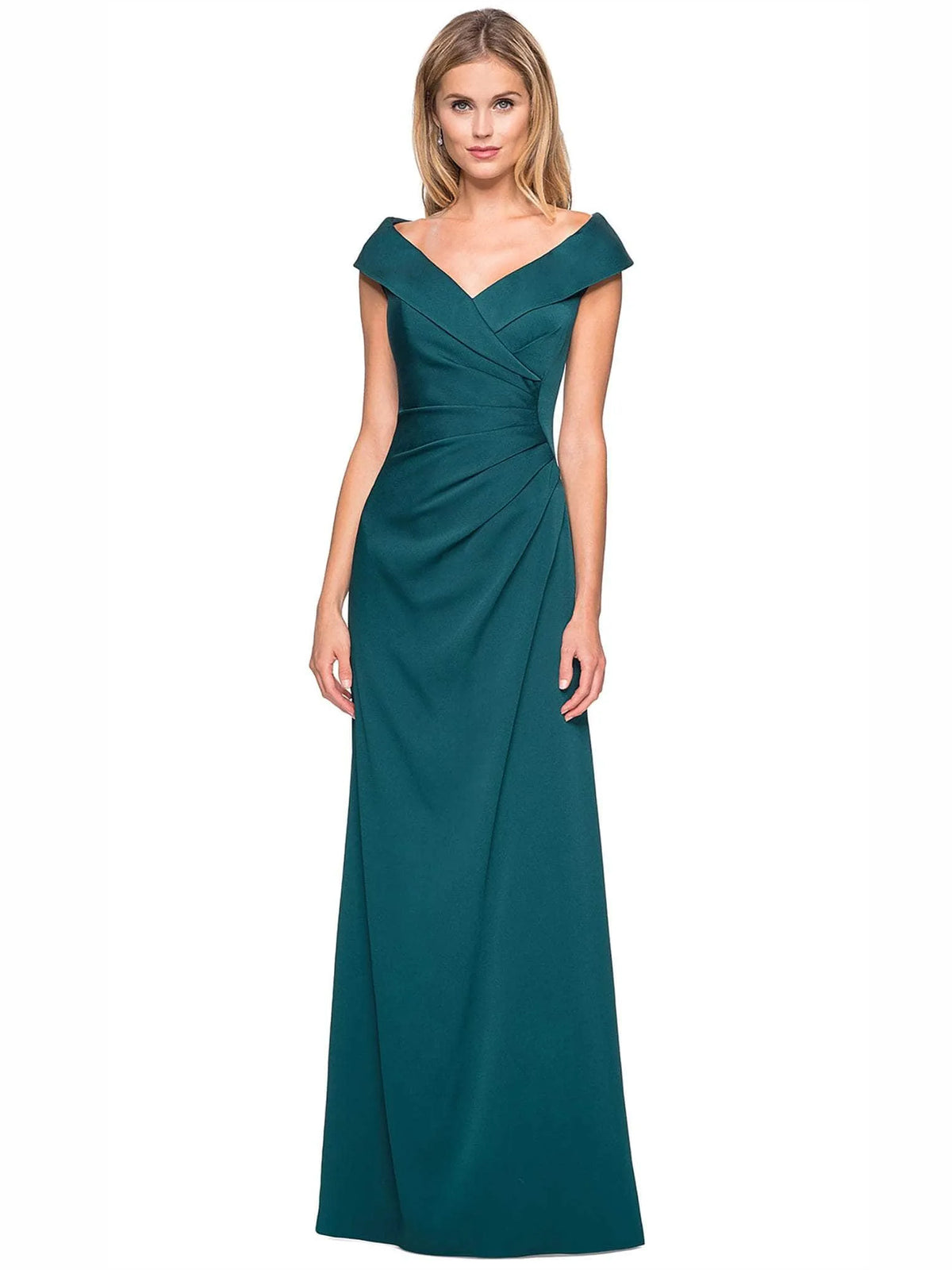 Teal sheath floor-length formal dress with ruching, alternate view