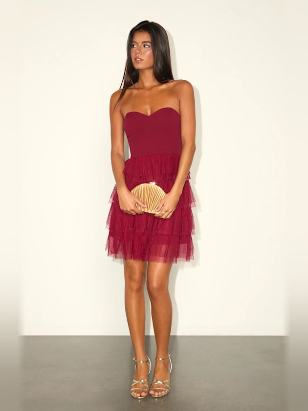 Wine Red mini homecoming dress, alternate view showing the dress shape and hem
