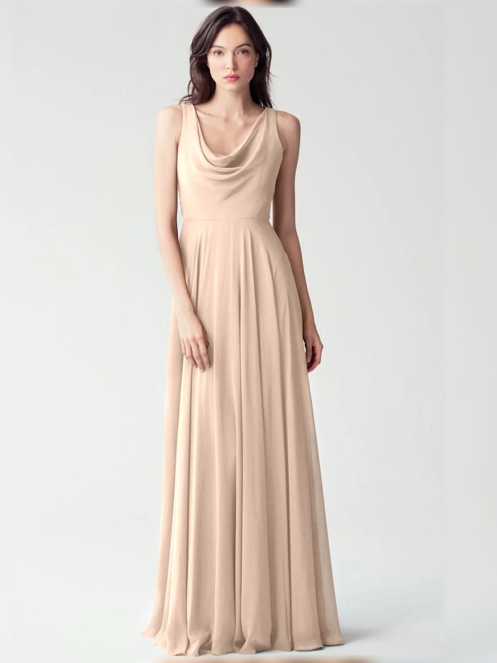 Apricot floor-length bridesmaid dress, alternate view showing the dress shape and hem