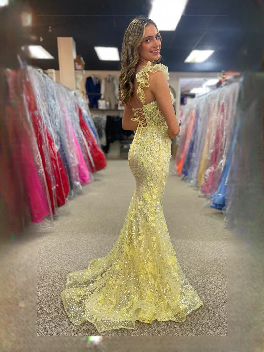 Yellow maxi prom dress, alternate view showing the dress shape and hem