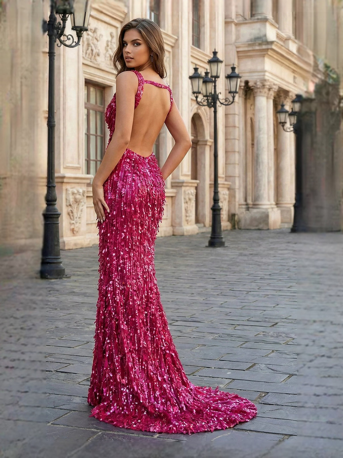 Fuchsia floor-length prom dress, alternate view showing the dress shape and hem