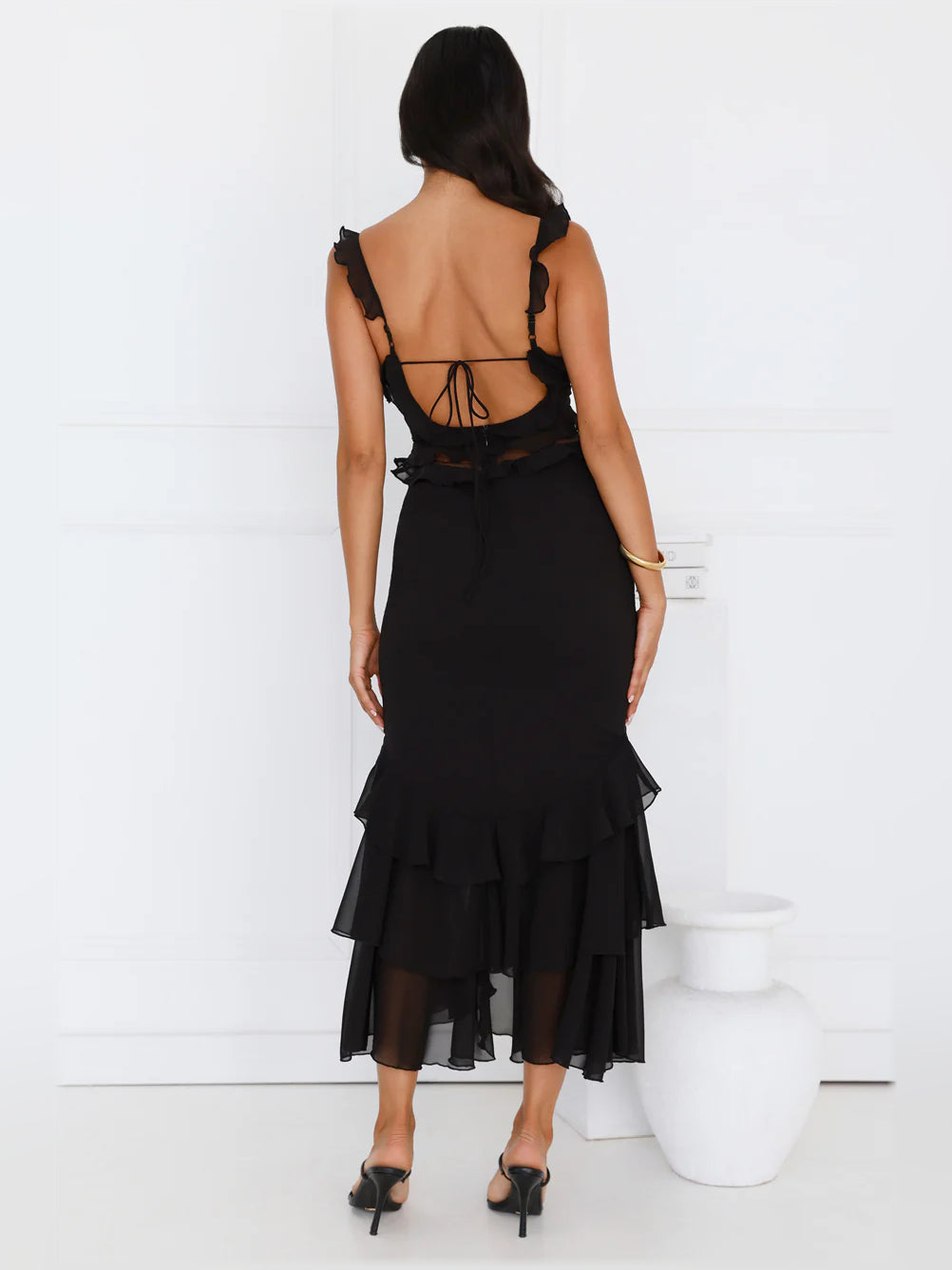 Black midi formal dress, alternate view showing the bodice
