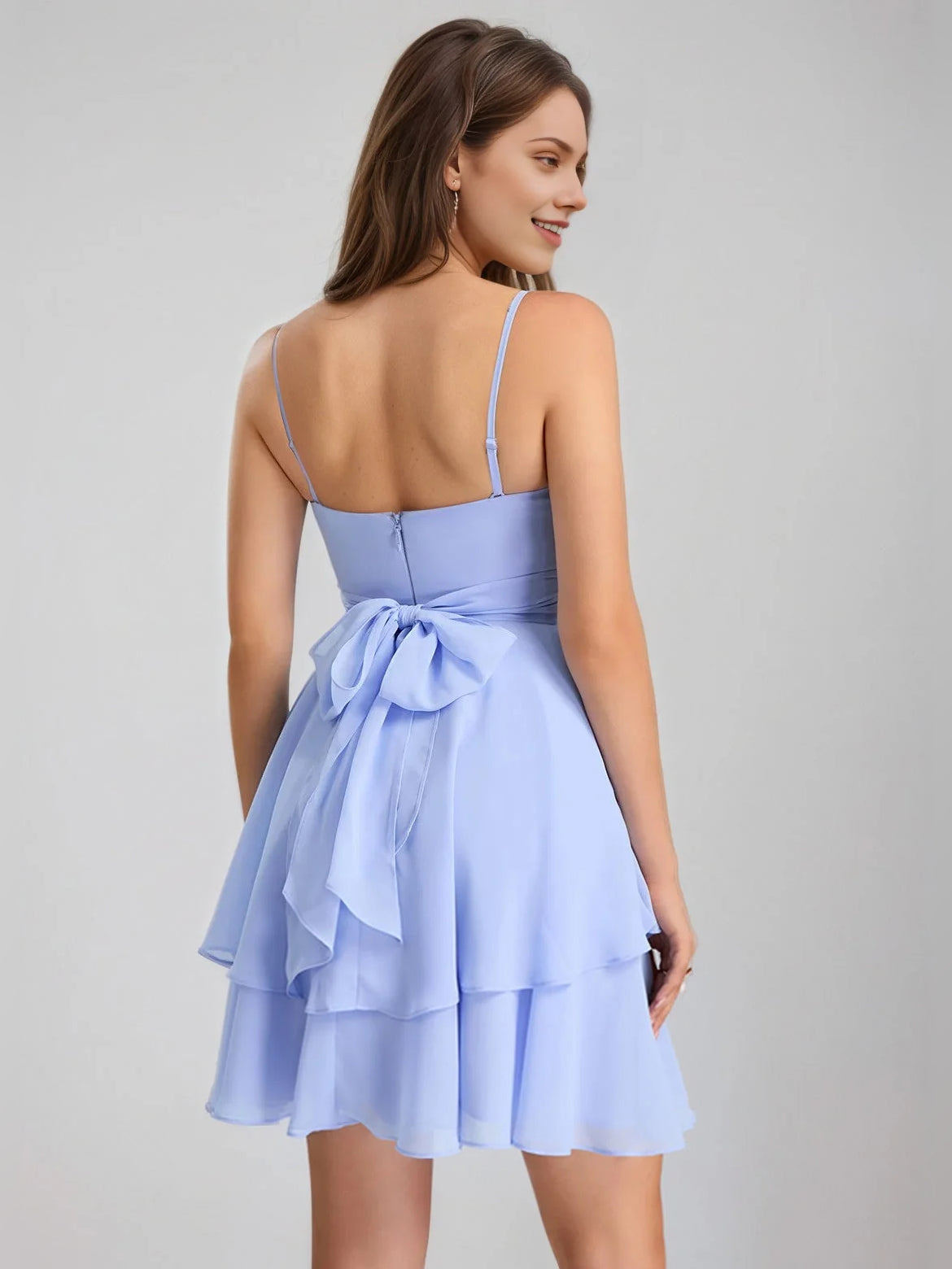 Steel Blue mini homecoming dress, alternate view showing the dress shape and hem