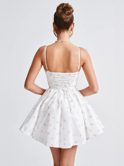 Floral mini homecoming dress, alternate view showing the dress shape and hem