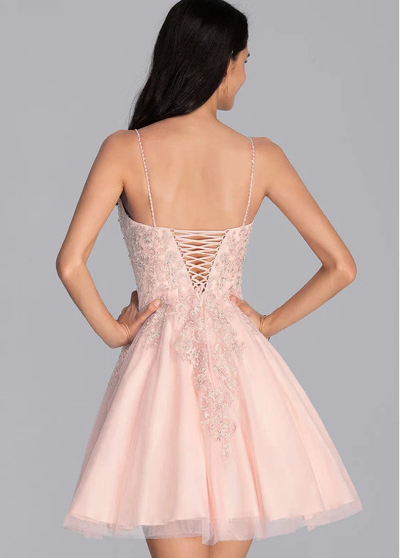 Blush Pink mini prom dress, alternate view showing the dress shape and hem