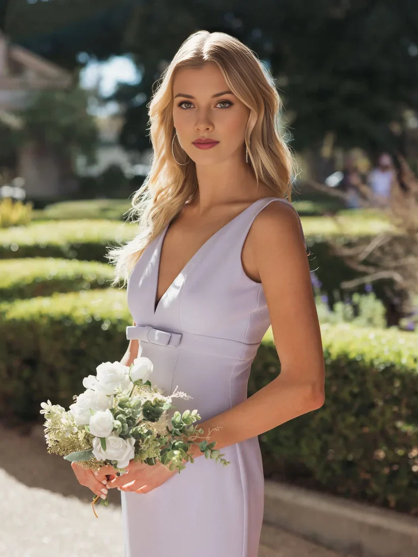 Lilac mermaid floor-length formal dress with bow detail, alternate view showing the bodice