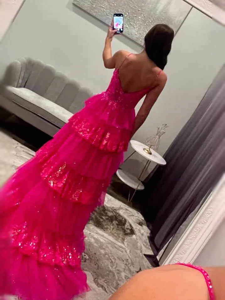 Hot Pink maxi prom dress, back view showing the rear of the dress