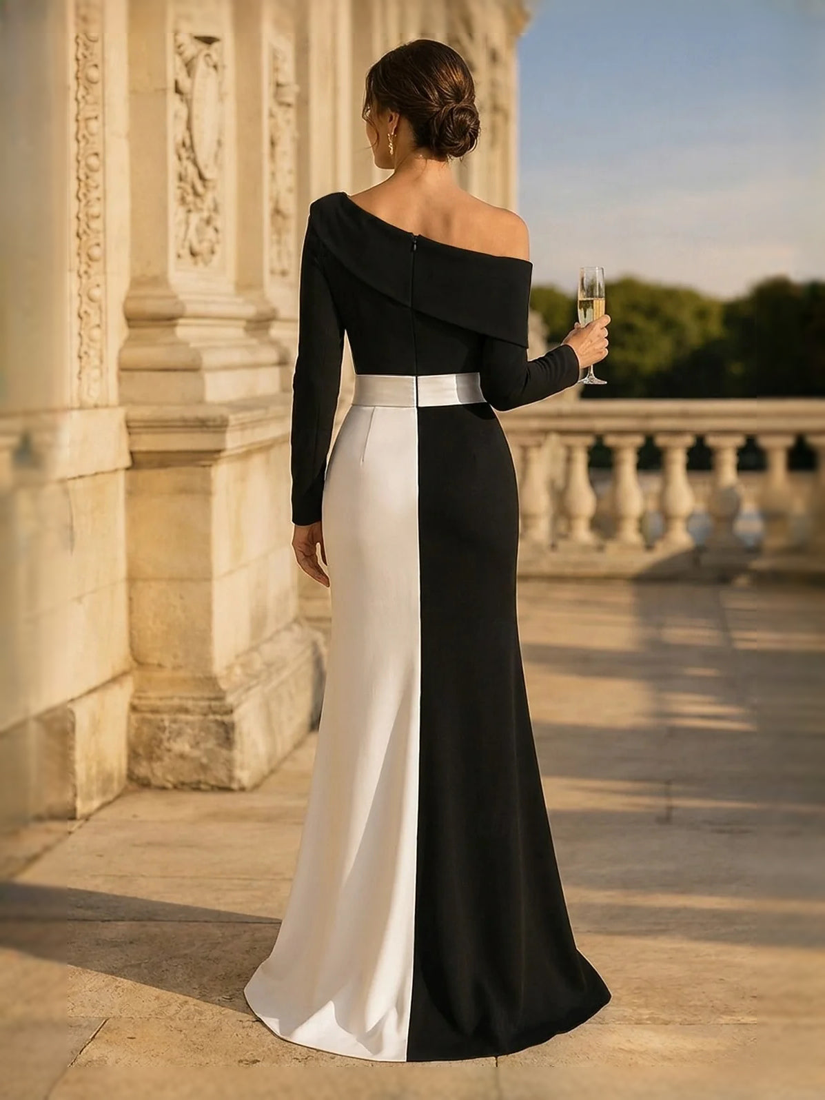 White maxi prom dress, alternate view showing the dress shape and hem