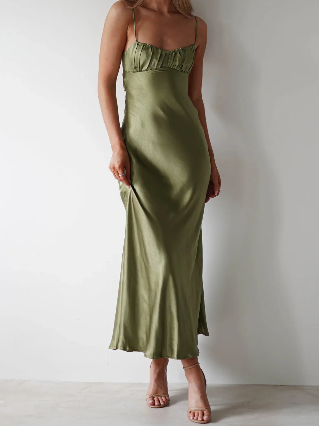 Olive Green maxi bridesmaid dress, alternate view showing the dress shape and hem