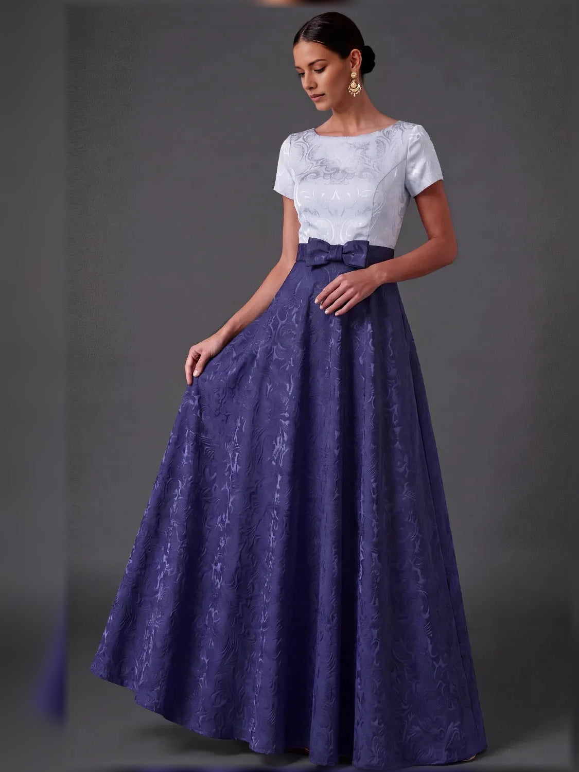 Navy Blue short mother of the bride dress, alternate view showing the dress shape and hem