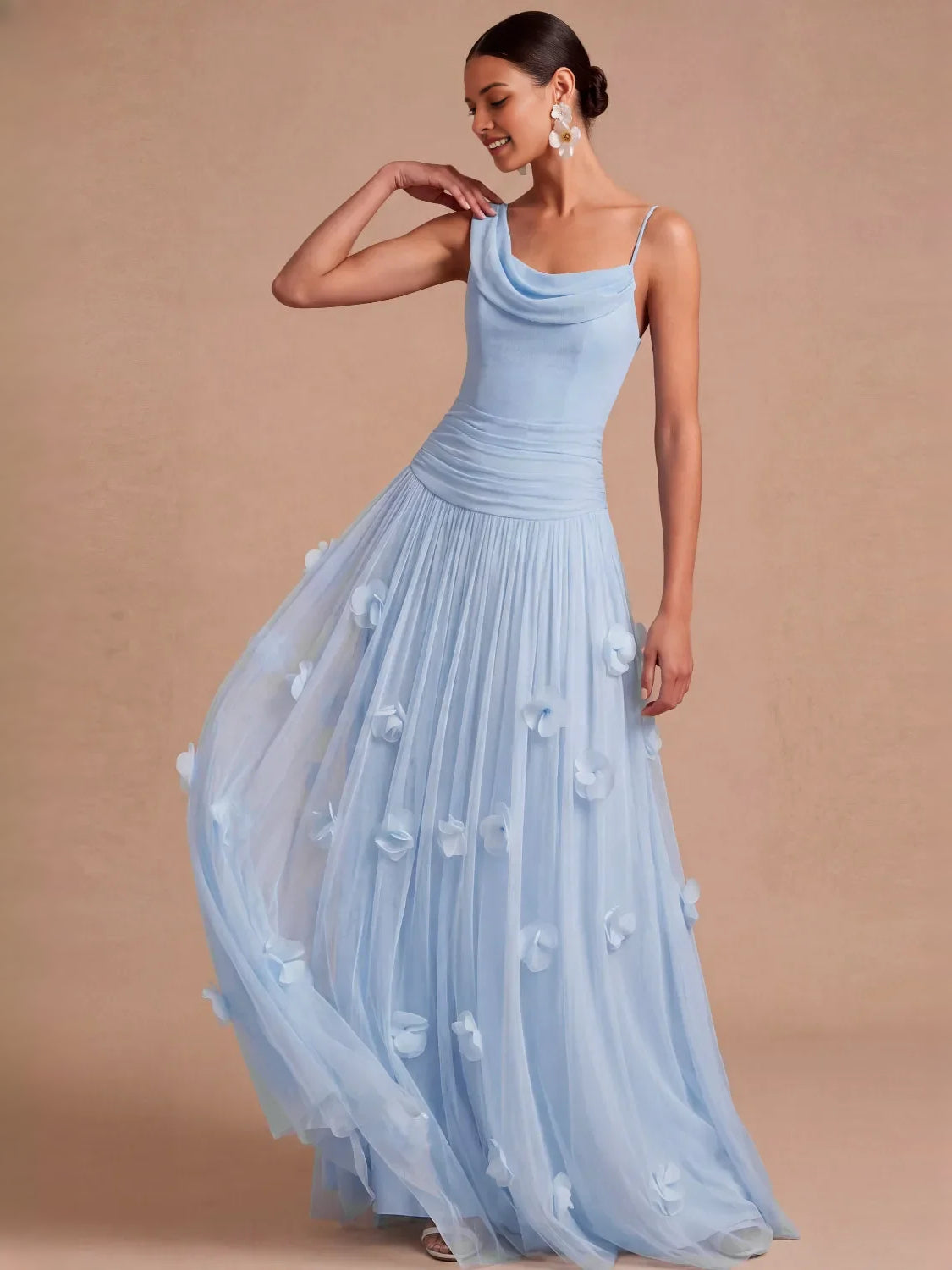 Light Blue maxi bridesmaid dress, alternate view showing the dress shape and hem