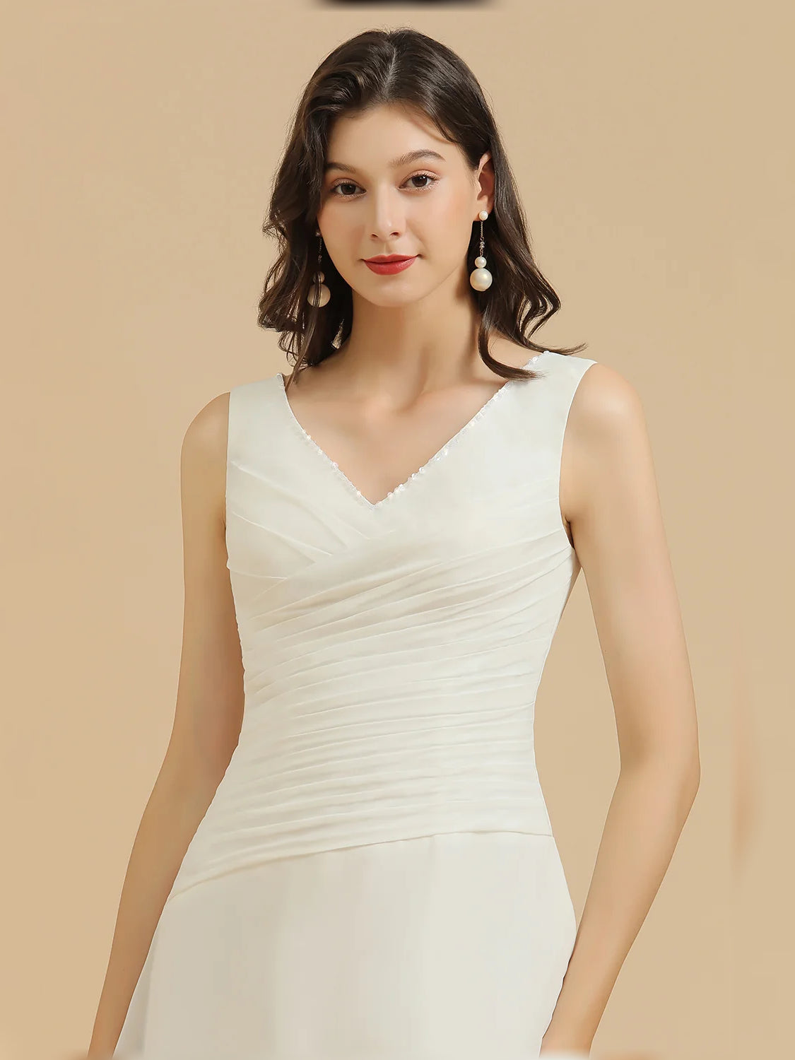 White mini bridesmaid dress, alternate view showing the dress shape and hem