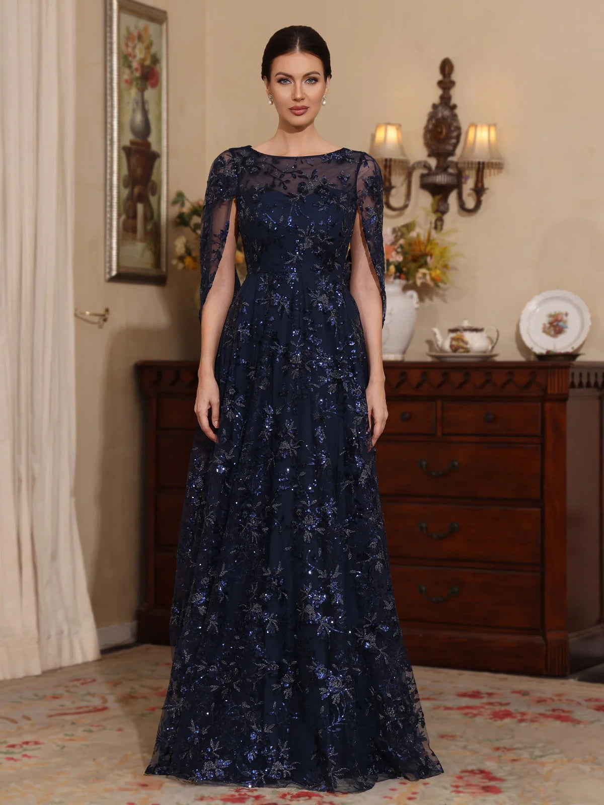 Dark Navy floor-length mother of the bride dress, alternate view showing the dress shape and hem