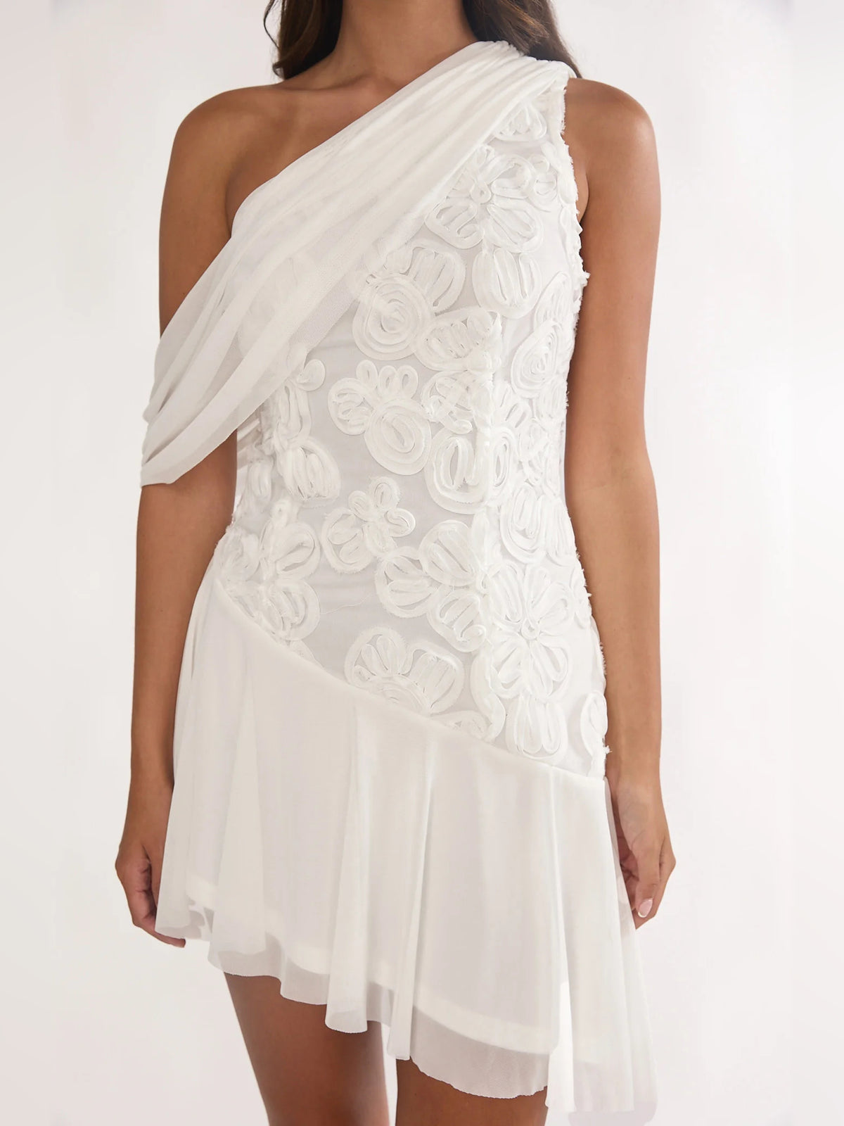 Off White mini homecoming dress, alternate view showing the dress shape and hem