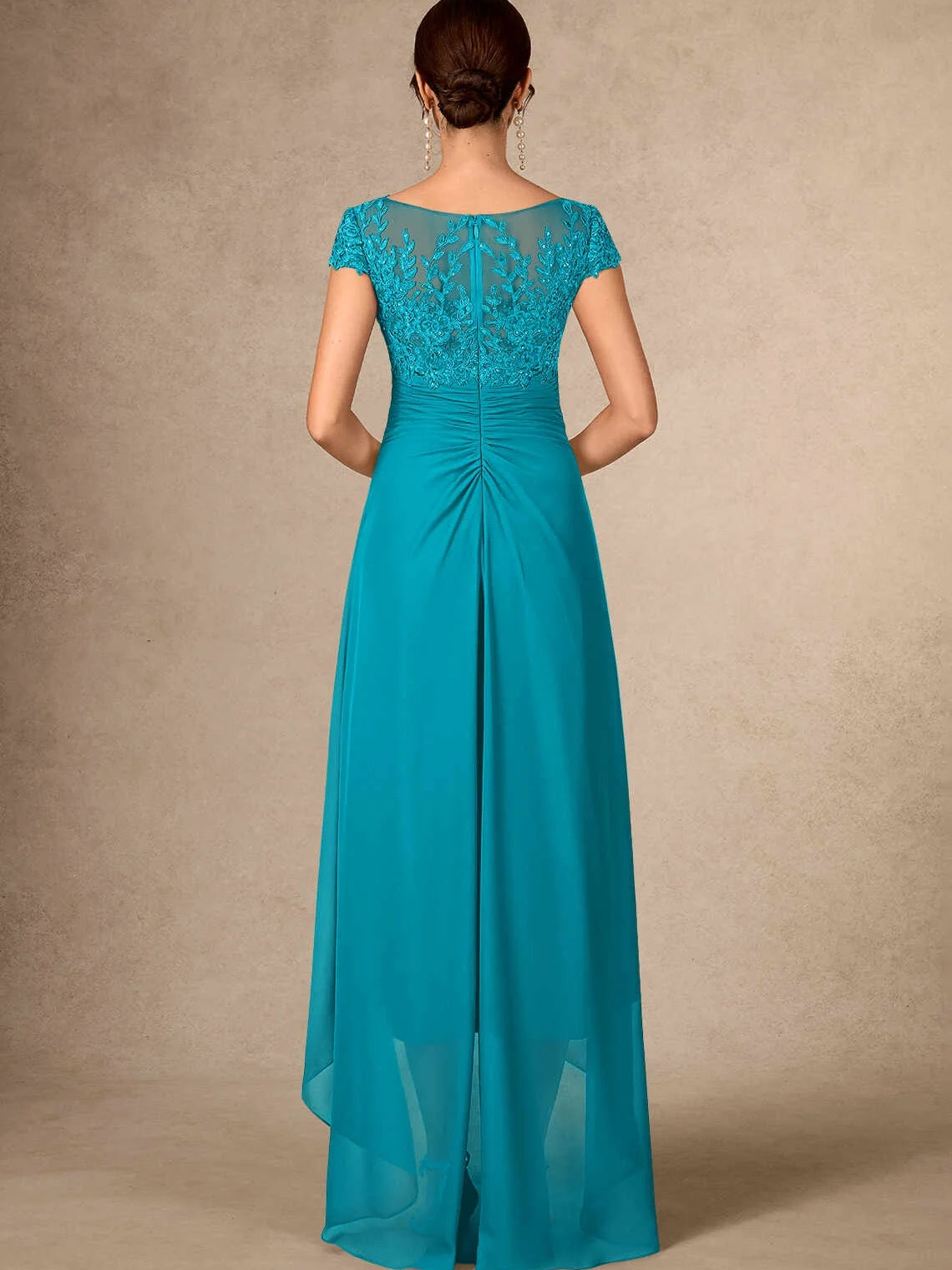 Navy high-low mother of the bride dress, alternate view showing the dress shape and hem
