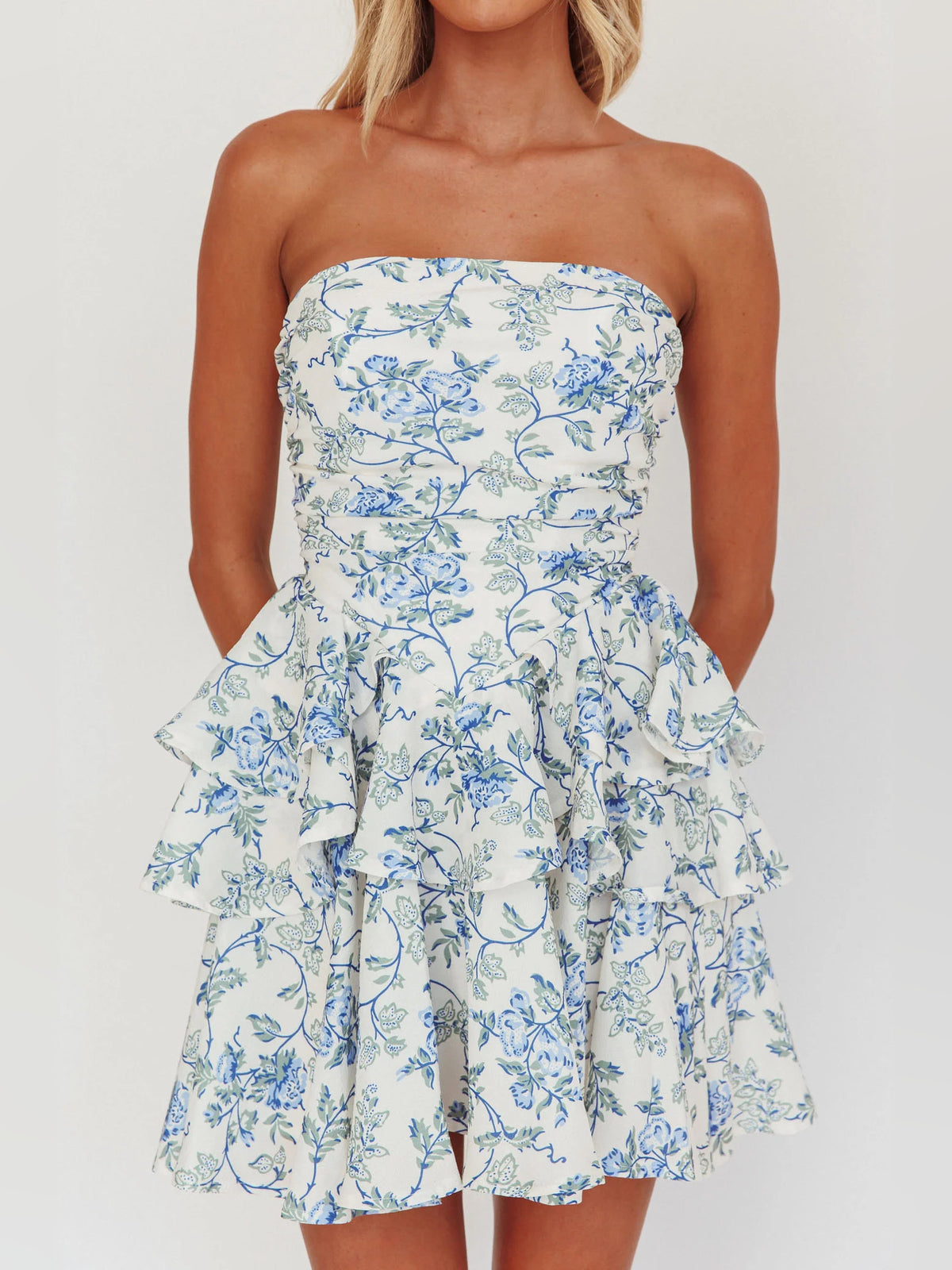Blue mini homecoming dress, alternate view showing the dress shape and hem