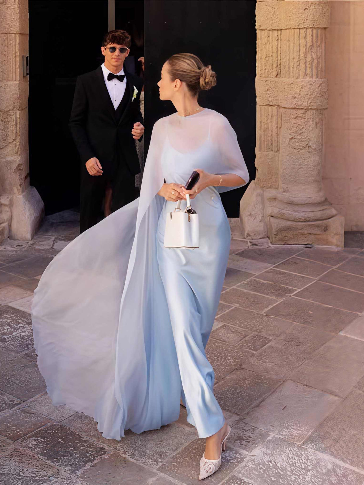 Steel Blue maxi bridesmaid dress, alternate view showing the dress shape and hem