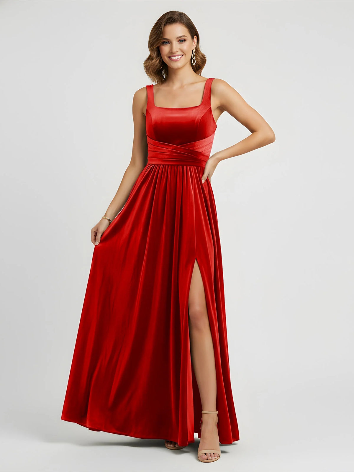 Red a-line floor-length formal dress with draping, alternate view