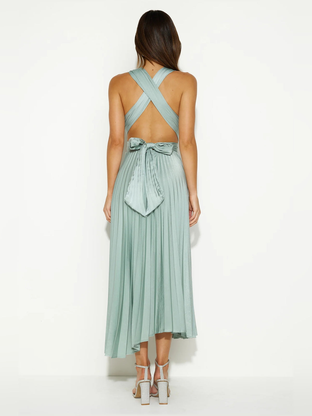 Sage midi formal dress, alternate view showing the bodice