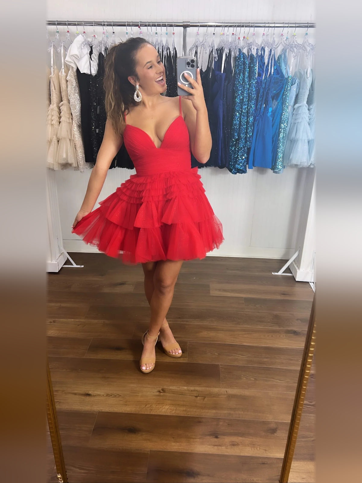 Red mini homecoming dress, alternate view showing the dress shape and hem
