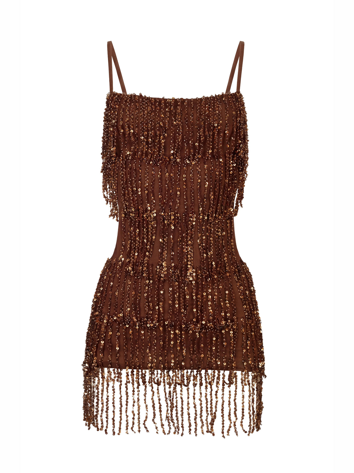 Brown mini homecoming dress, alternate view showing the dress shape and hem