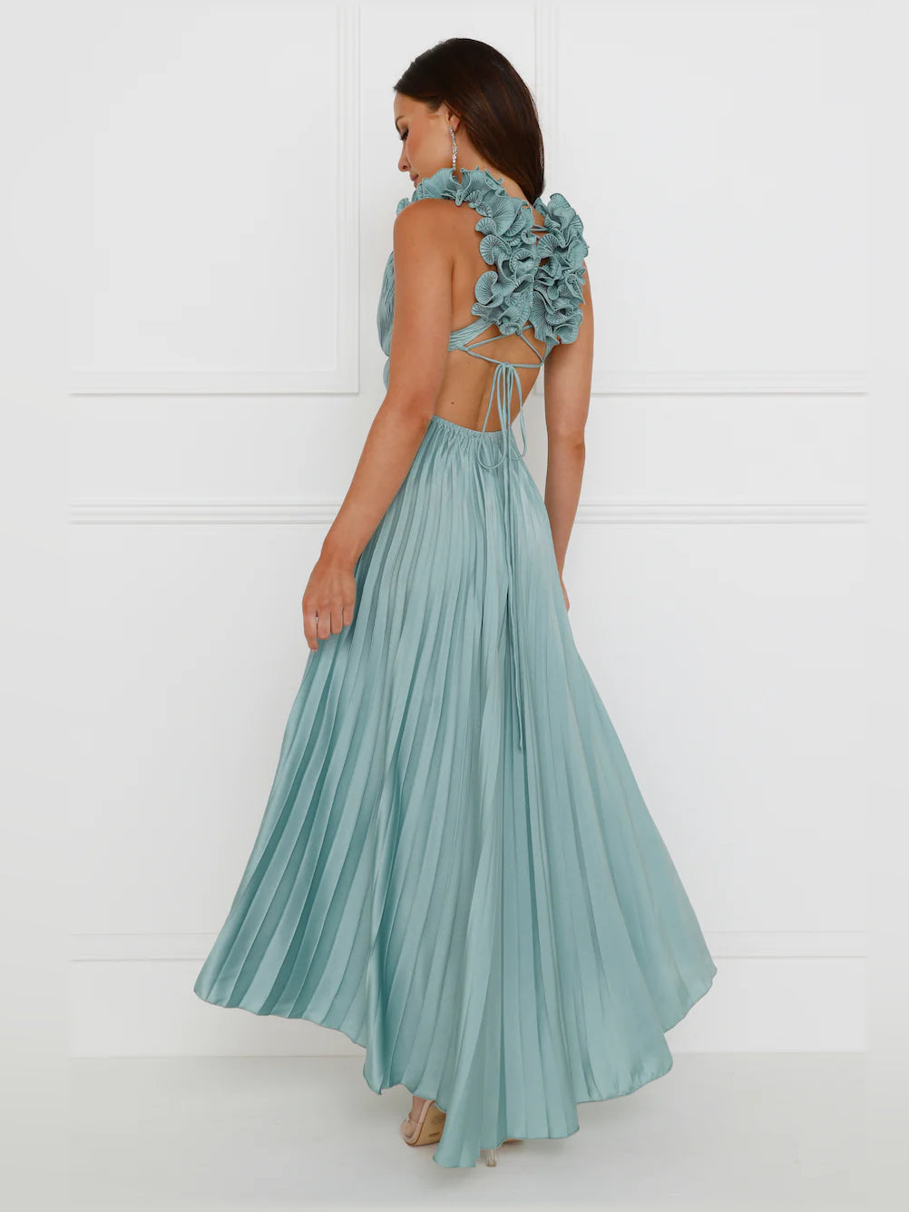 Sage midi formal dress, alternate view showing the bodice