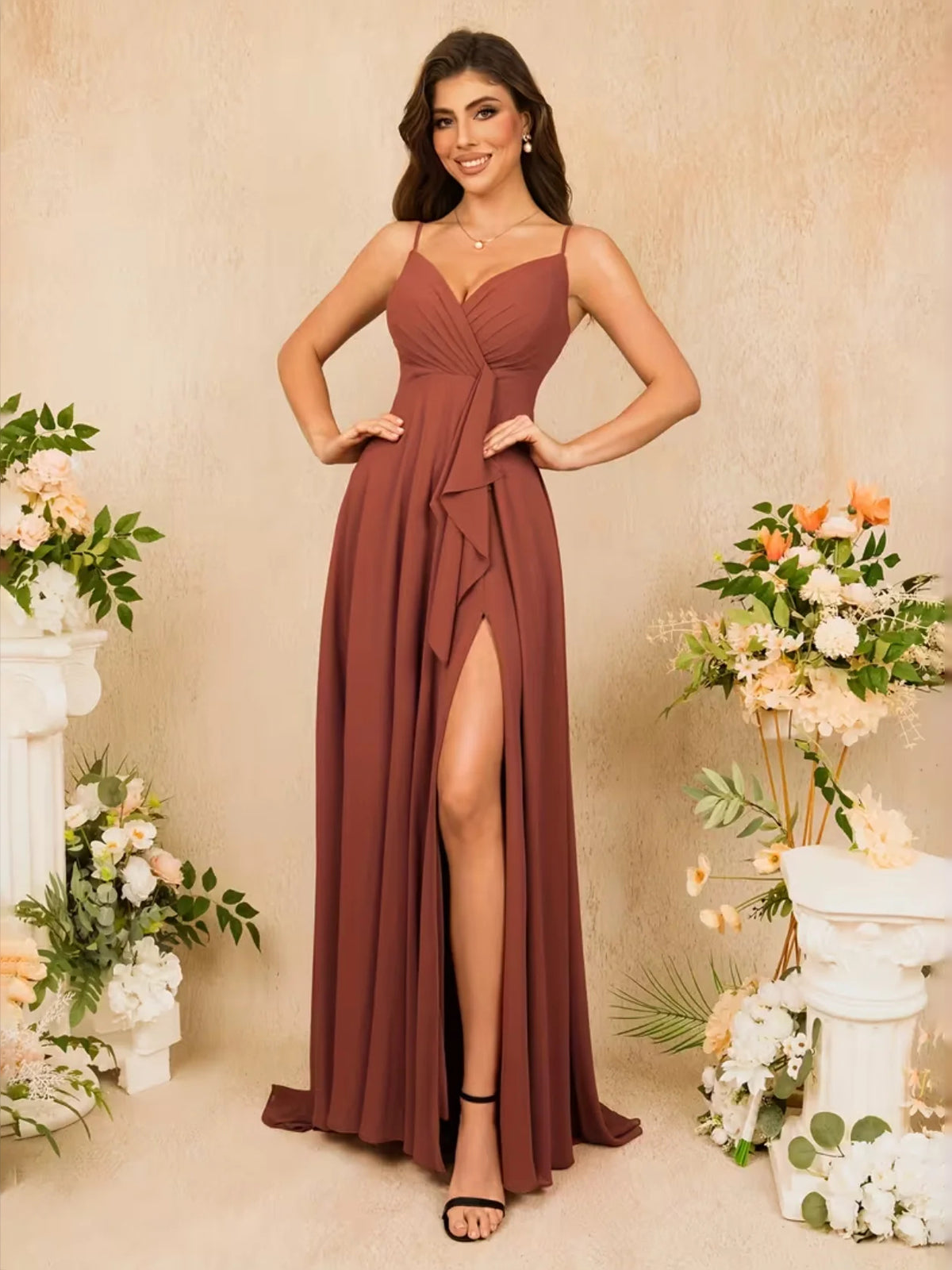Chocolate maxi prom dress, alternate view showing the dress shape and hem