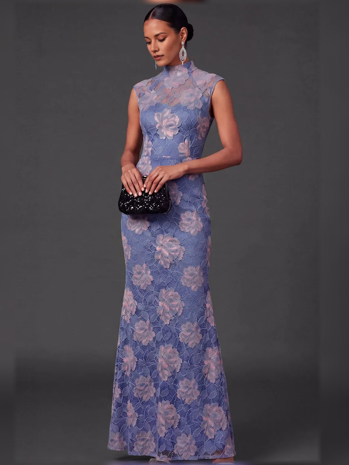 Floral maxi mother of the bride dress, alternate view showing the dress shape and hem