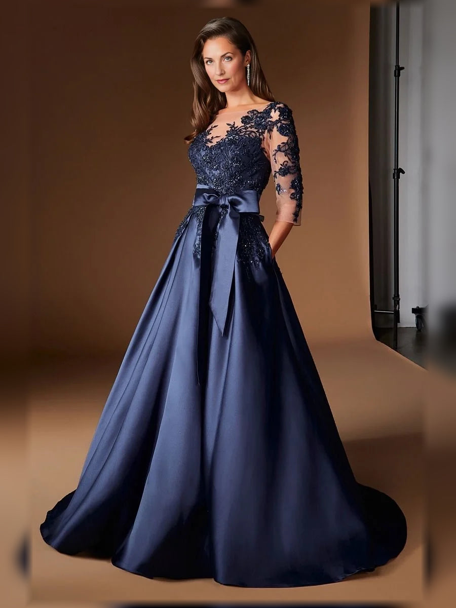 Dark Blue floor-length mother of the bride dress, alternate view showing the dress shape and hem