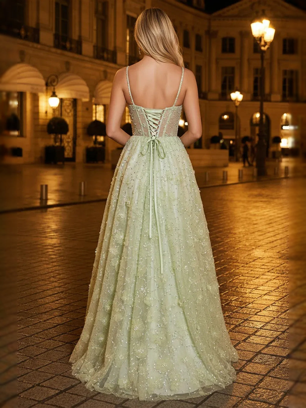 Mint Green maxi prom dress, alternate view showing the dress shape and hem