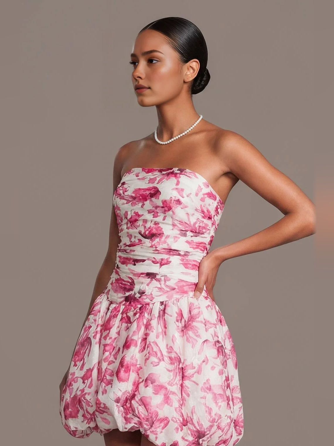 Pink mini homecoming dress, alternate view showing the dress shape and hem