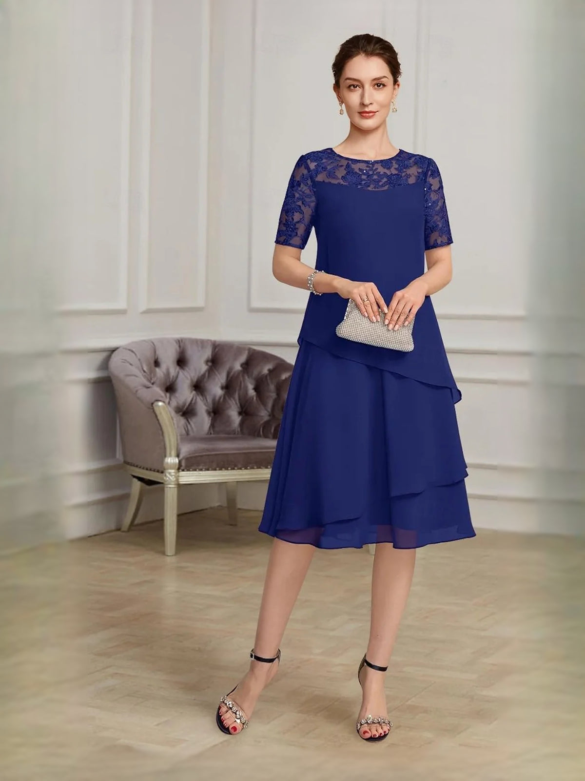 Dark Blue short mother of the bride dress, alternate view showing the dress shape and hem