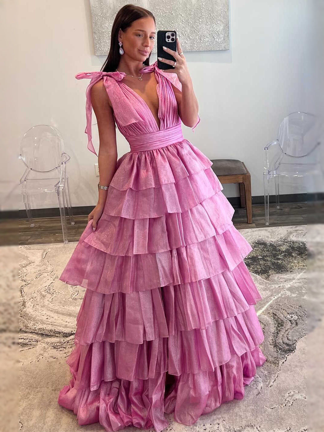 Pink maxi prom dress, back view showing the rear of the dress from another angle