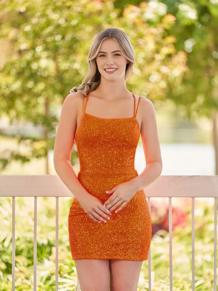 Rust mini homecoming dress, alternate view showing the dress shape and hem