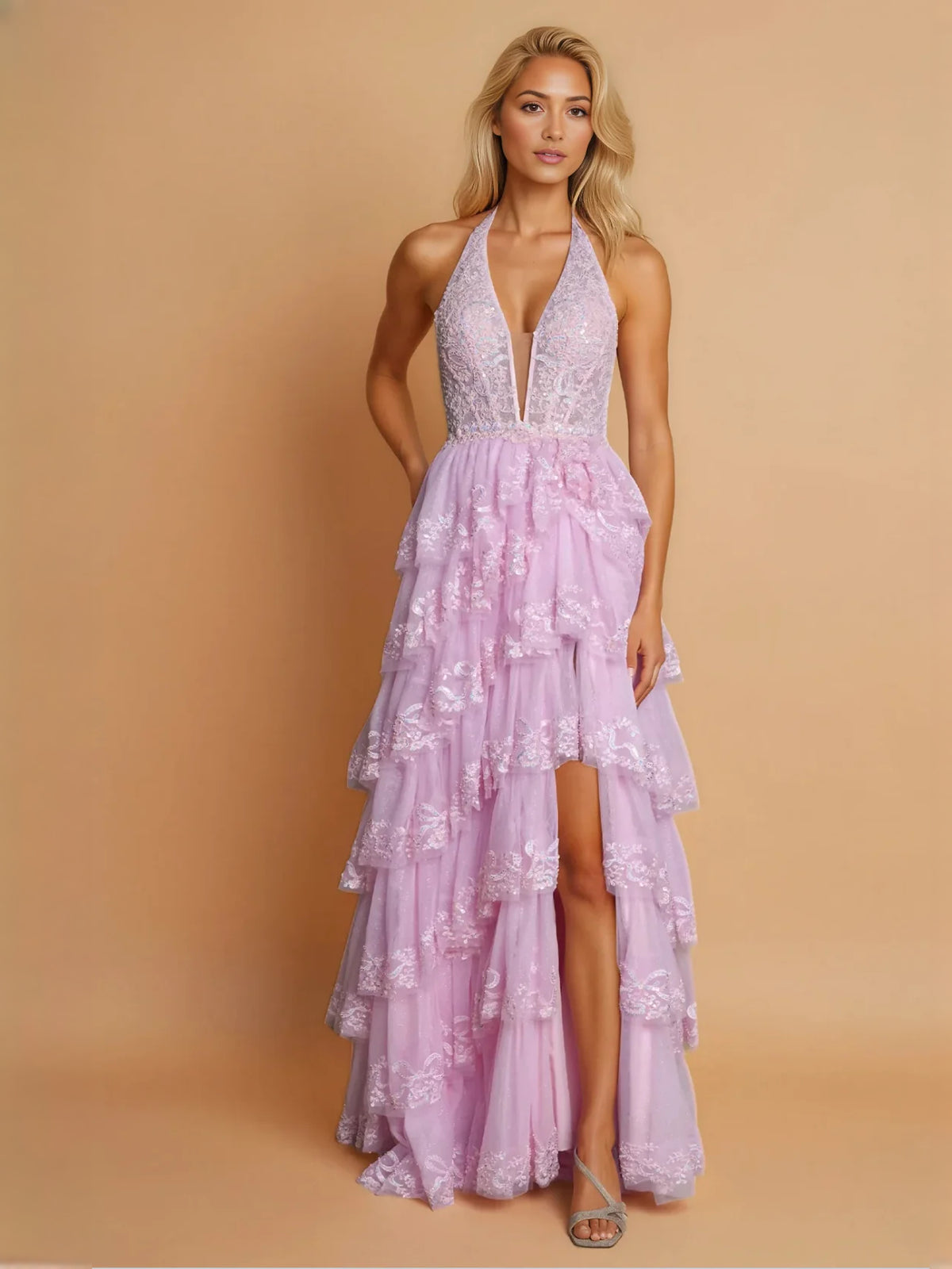 Pink maxi prom dress, alternate view showing the dress shape and hem