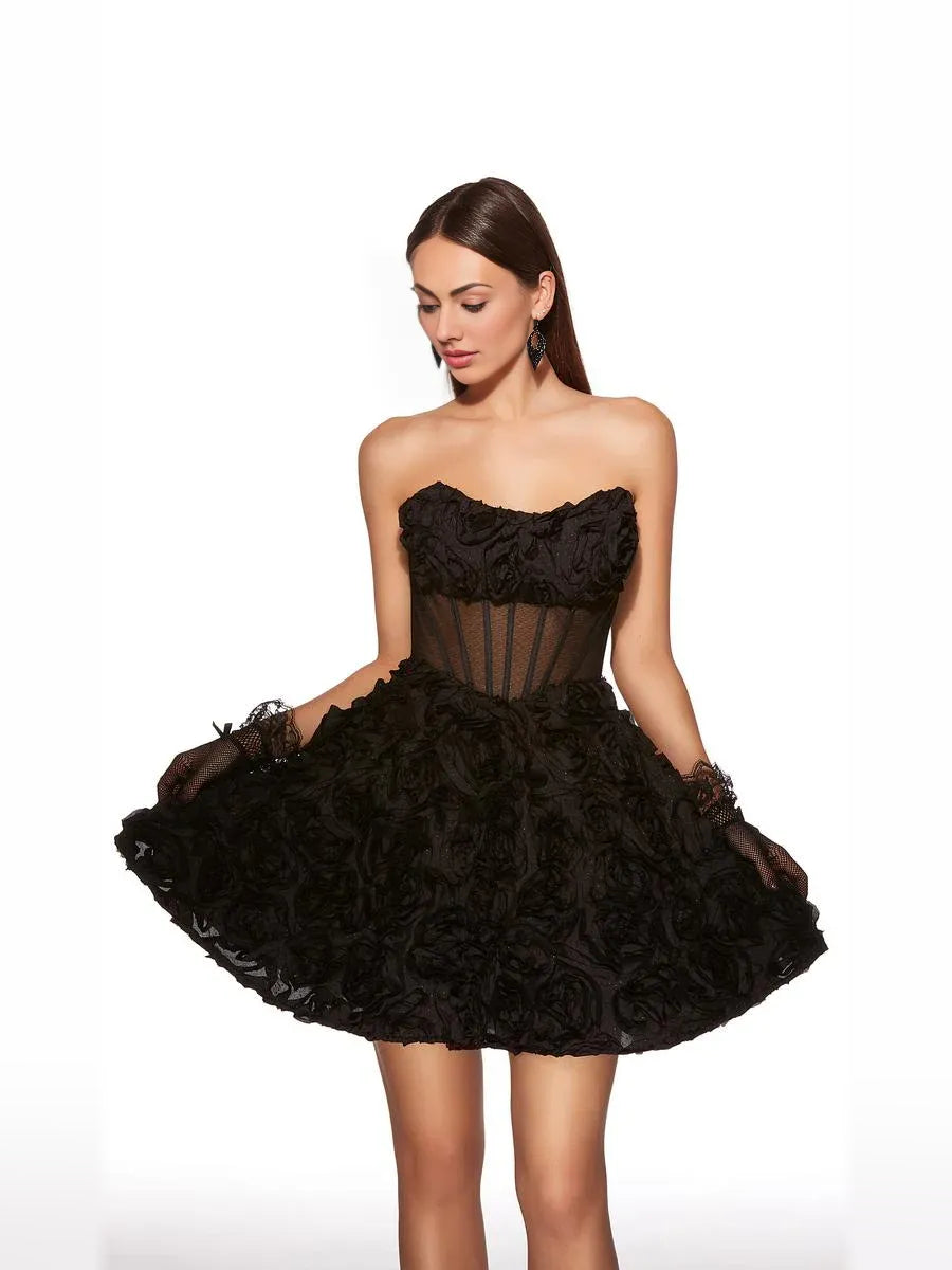 Black mini homecoming dress, alternate view showing the dress shape and hem