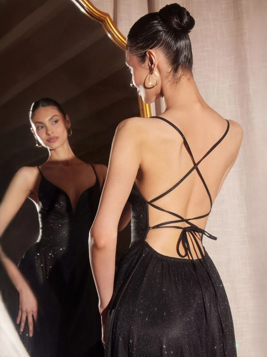 Black floor-length prom dress, alternate view showing the dress shape and hem