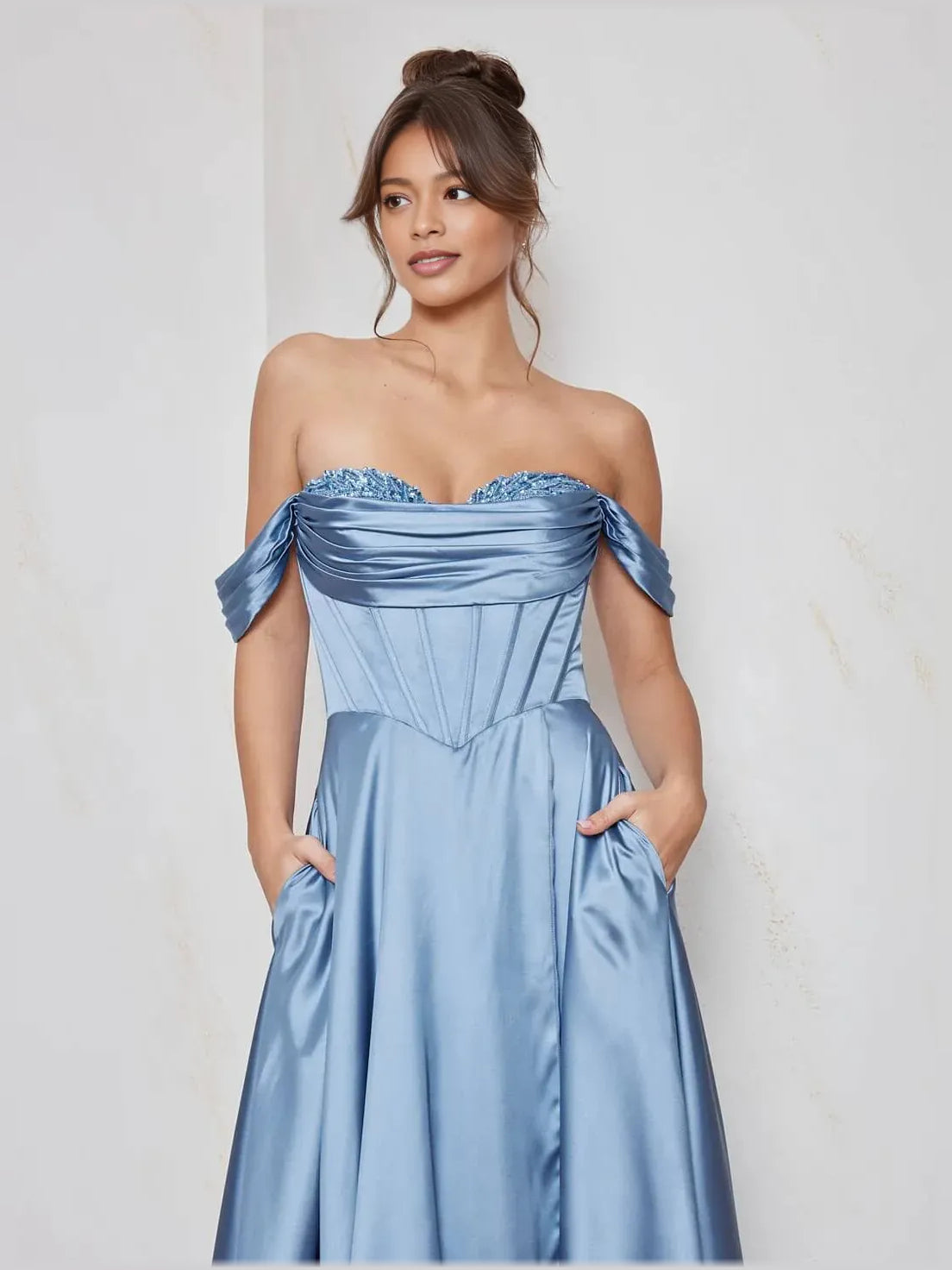 Steel Blue a-line floor-length formal dress with beading, alternate view