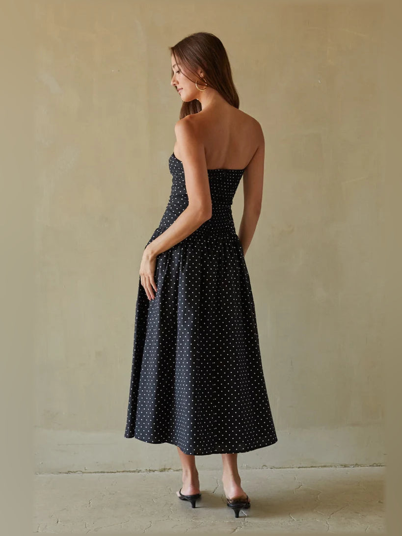 Navy midi formal dress with printed pattern, alternate view showing the bodice