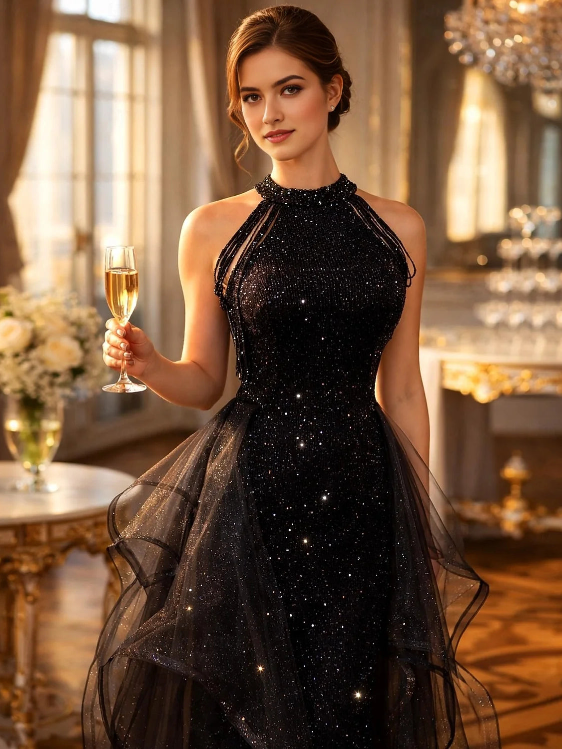 Black floor-length prom dress, alternate view showing the dress shape and hem