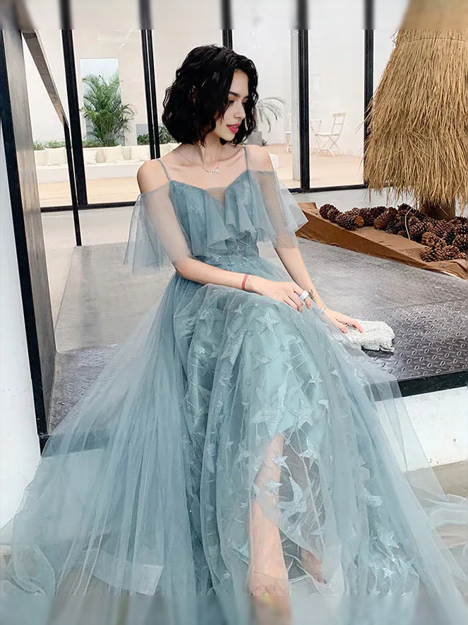 Dusty Blue maxi prom dress, alternate view showing the dress shape and hem