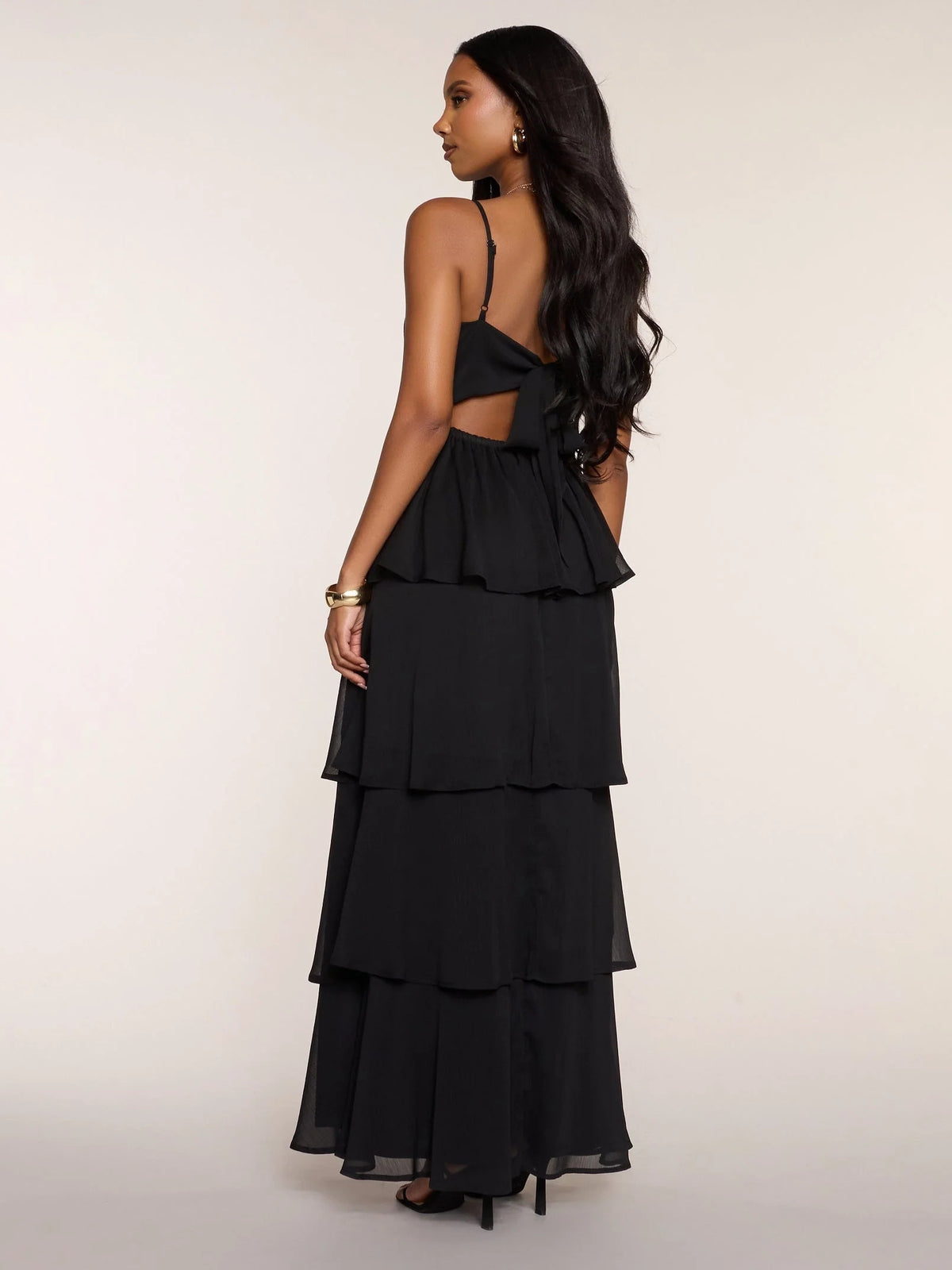 Black floor-length prom dress, alternate view showing the dress shape and hem
