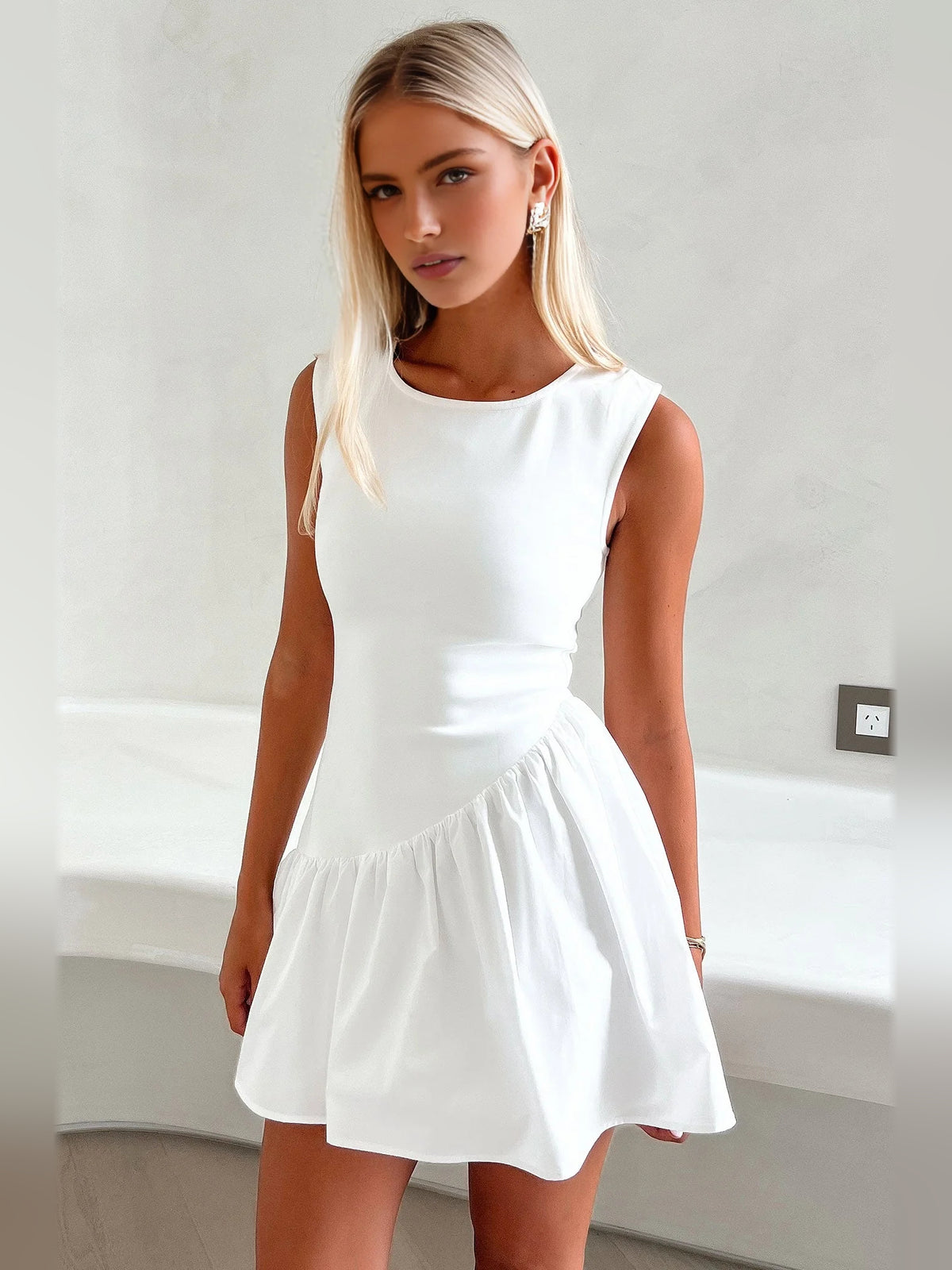 Ivory white mini homecoming dress, alternate view showing the dress shape and hem