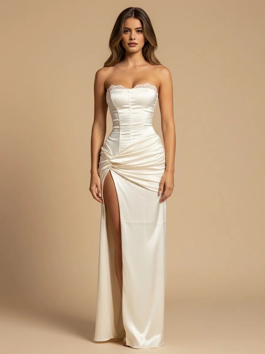 Ivory floor-length wedding dress, alternate view showing the dress shape and hem