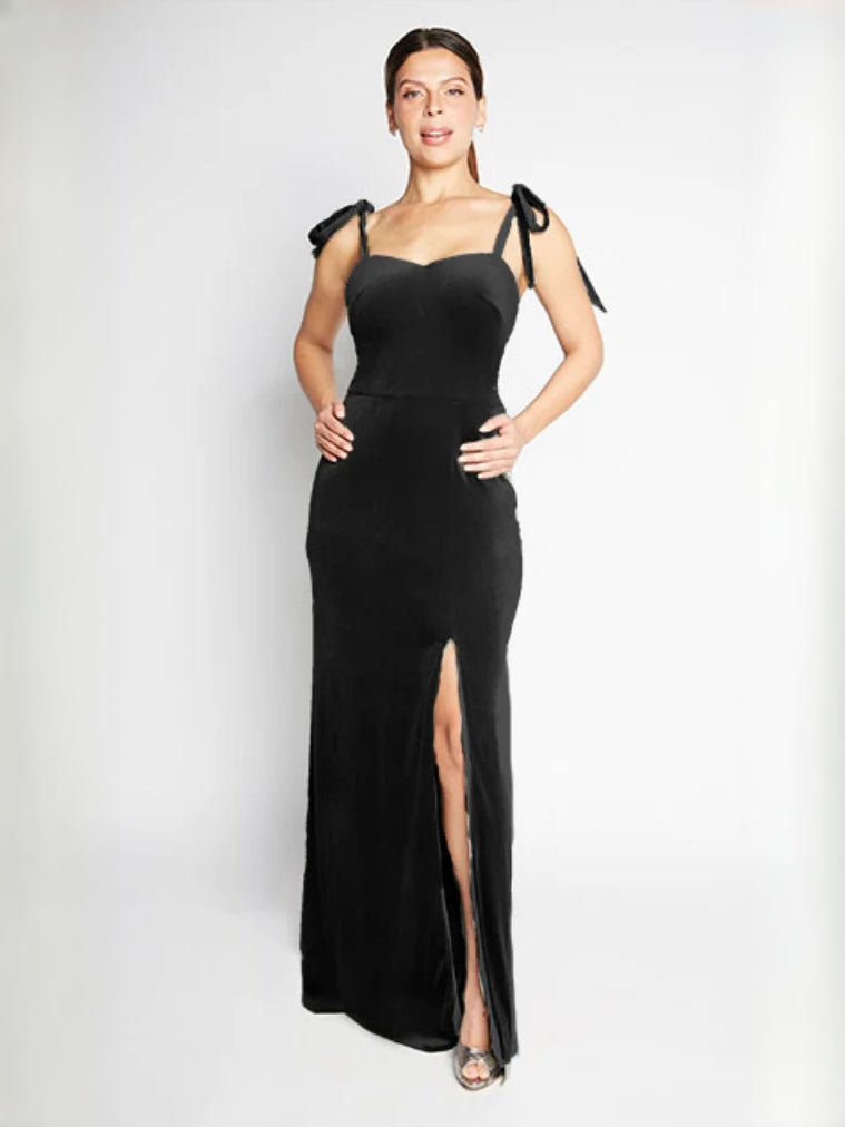 Black maxi bridesmaid dress, alternate view showing the dress shape and hem
