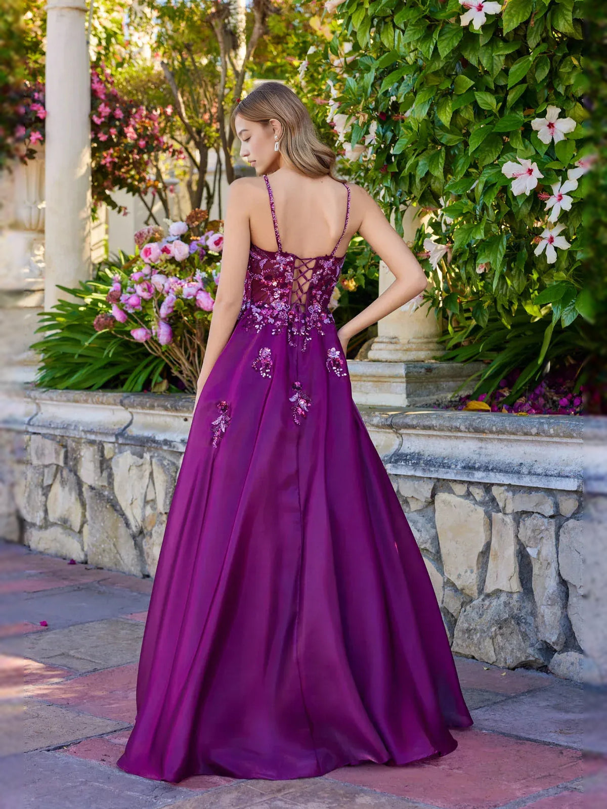 Purple floor-length prom dress, alternate view showing the dress shape and hem