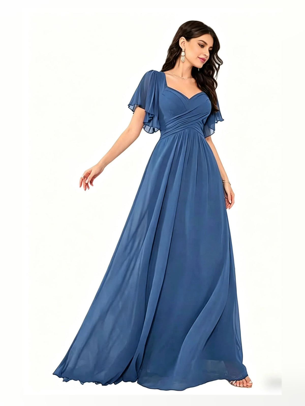 Dusty Blue maxi bridesmaid dress, alternate view showing the dress shape and hem