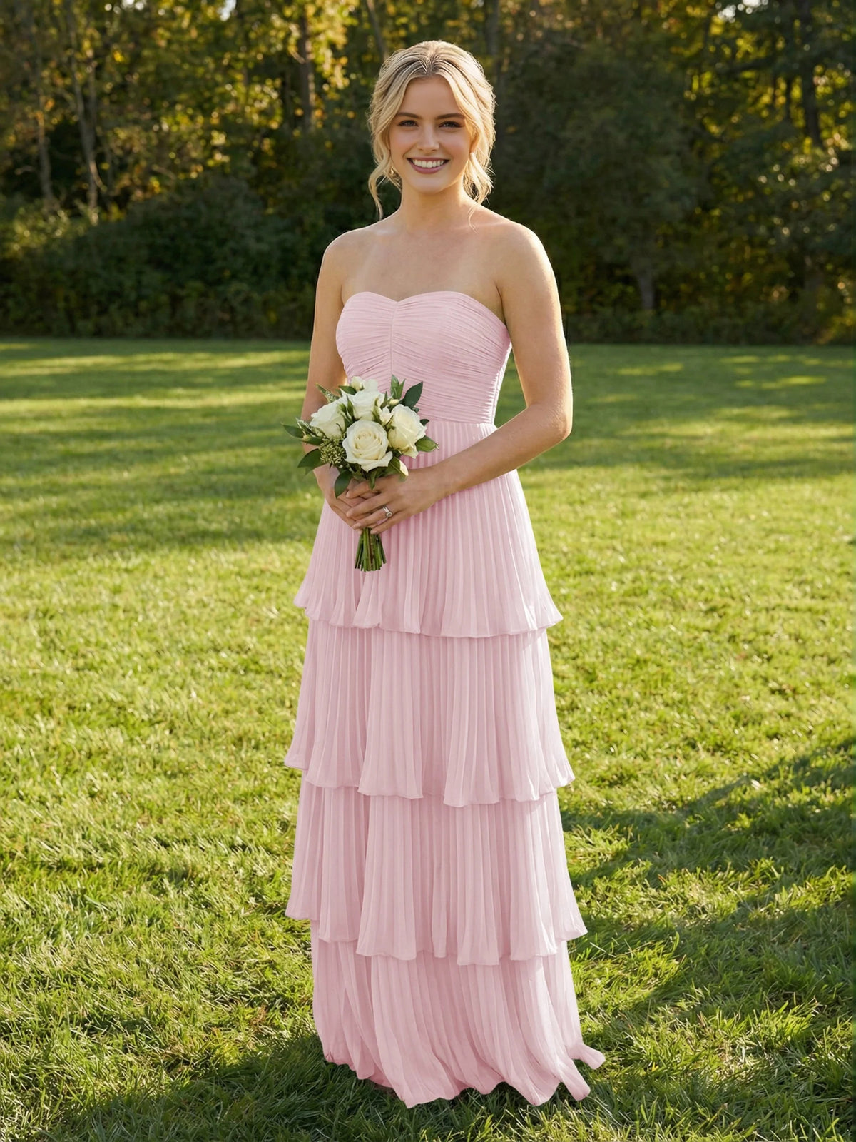 Blush Pink maxi bridesmaid dress, alternate view showing the dress shape and hem