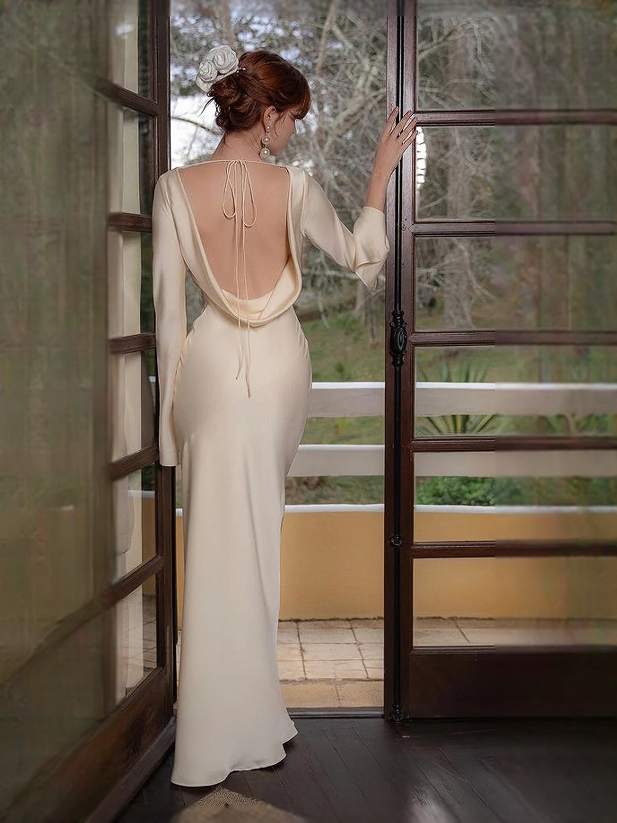 Ivory white maxi prom dress, alternate view showing the dress shape and hem